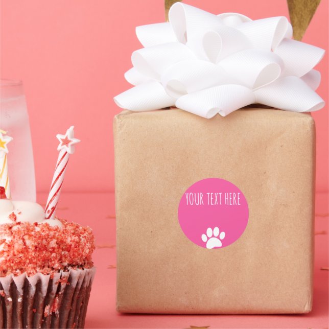 Dog Paw Print Custom Text Pink Runder Aufkleber (Party)