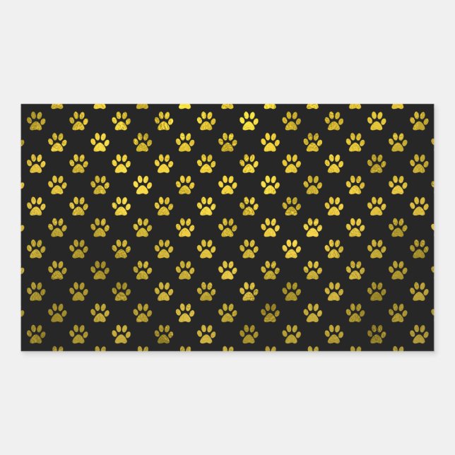 Dog Paw Print Gold Black Background Metallic Imita Rechteckiger Aufkleber (Vorderseite)