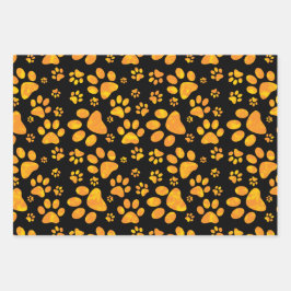 Dog Paw Print Muster Orange Gelb Geschenkpapier Set