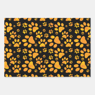 Dog Paw Print Muster Orange Gelb Geschenkpapier Set