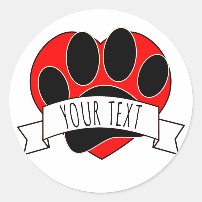 Dog Paw Print Red Heart Banner Runder Aufkleber (Vorderseite)