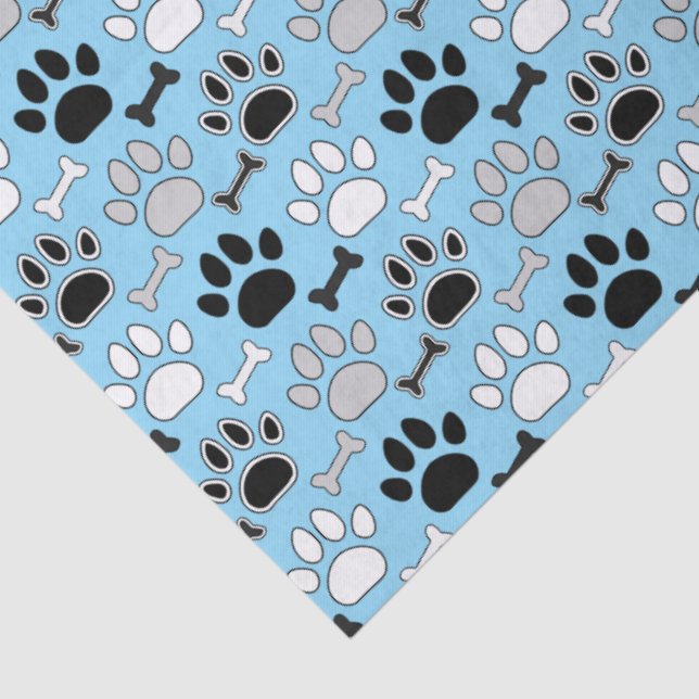 Dog Paw Prints and Bones Pattern Blue Seidenpapier (Detail)