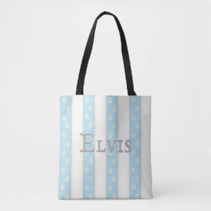 Dog Paw Prints auf blassblauen und weißen Streifen Tasche