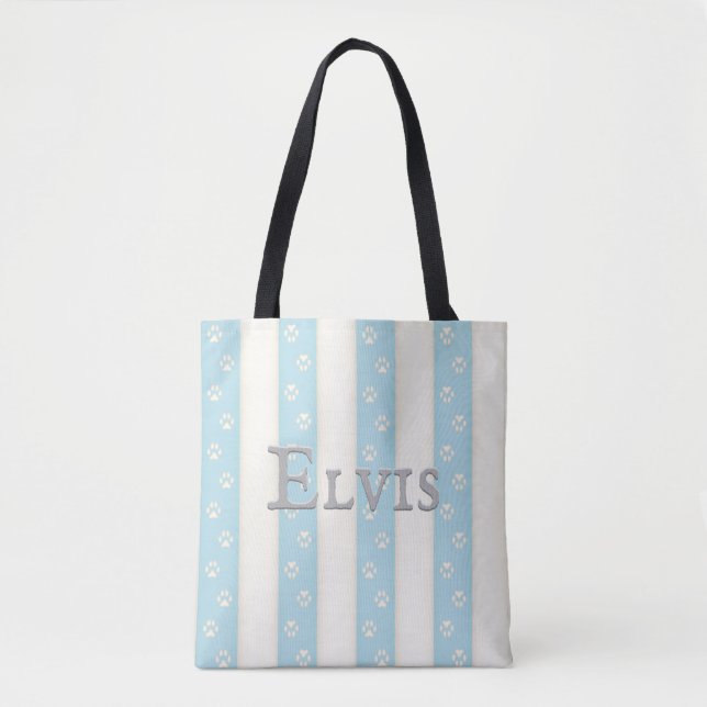 Dog Paw Prints auf blassblauen und weißen Streifen Tasche (Vorderseite)