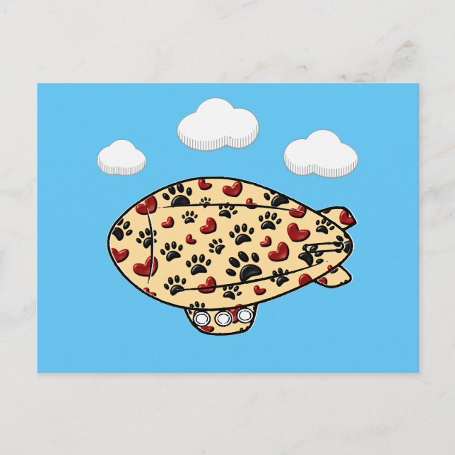Dog Paw Prints und Red Hearts Custom Blimp Postkarte (Vorderseite)