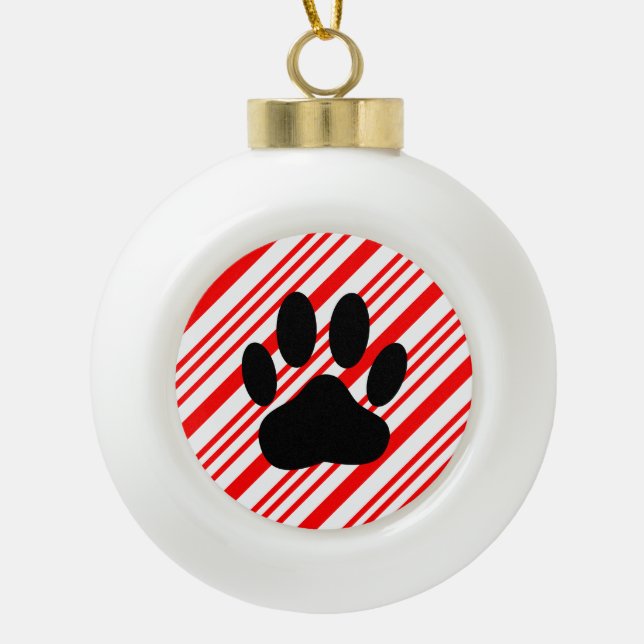 Dog Pawprint Candy Cane Keramik Kugel-Ornament (Vorderseite)