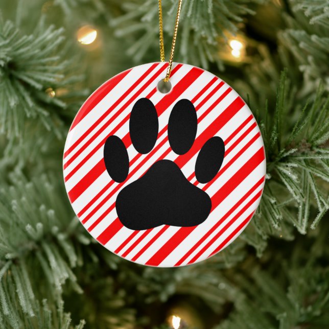 Dog Pawprint Candy Cane Keramik Ornament (Baum)