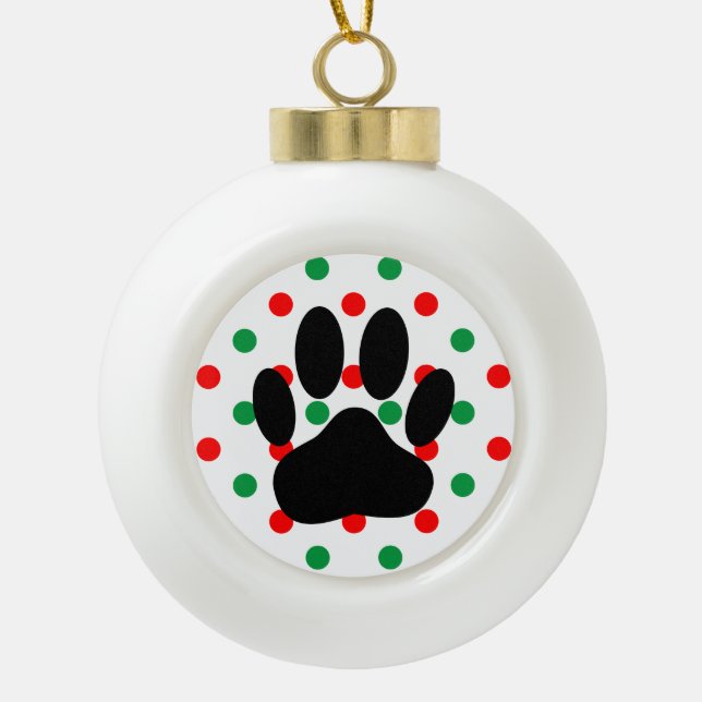Dog Pawprint Red Green Polka Dots Keramik Kugel-Ornament (Vorderseite)