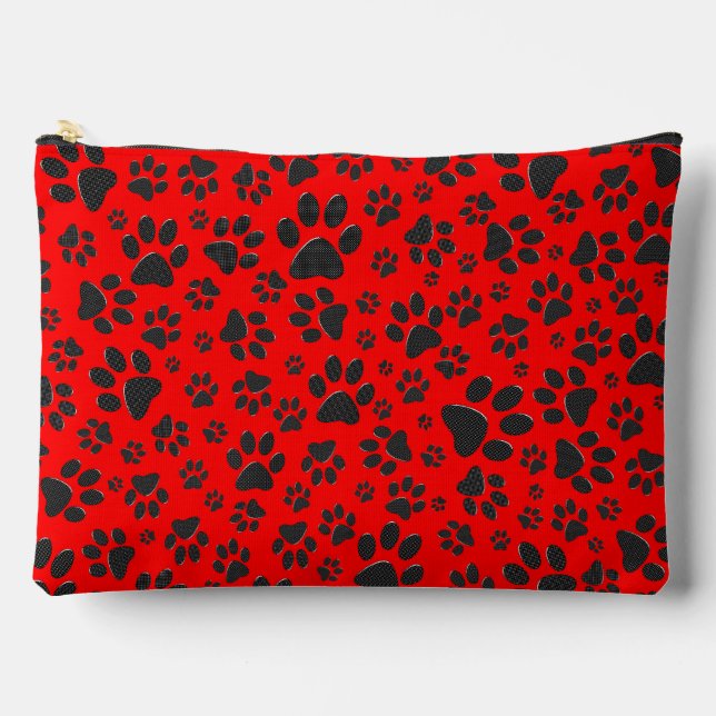 Dog Paws Black and White Polka Dot auf rot Zubehörtasche (Vorderseite)