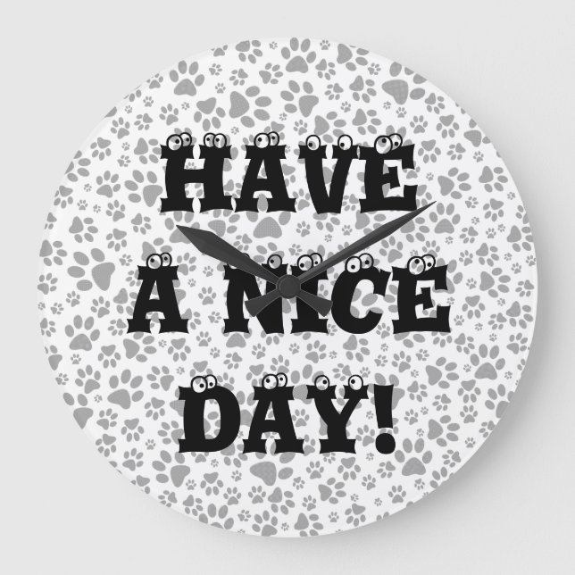 Dog Paws Black and White Polka Dot Large Clock Große Wanduhr (Vorderseite)