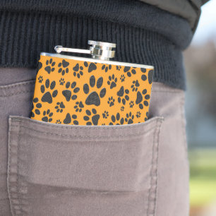 Dog Paws Black & White Polka Dot auf Dahlia Orange Flachmann