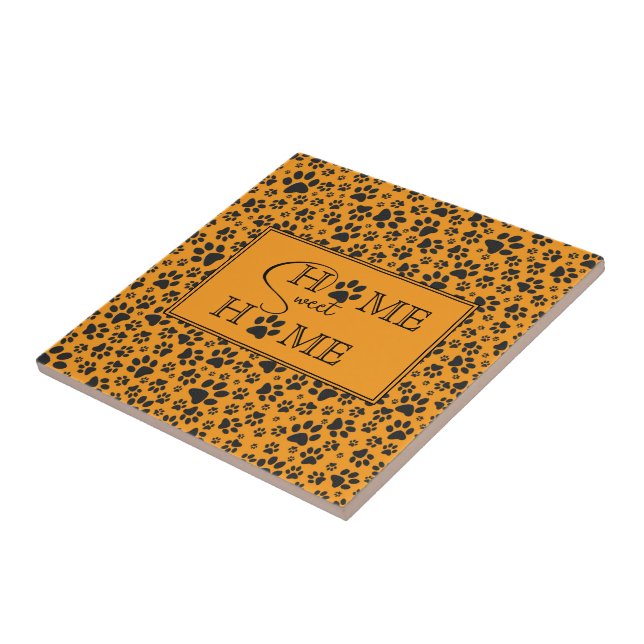 Dog Paws Black & White Polka Dot auf Dahlia Orange Fliese (Seite)