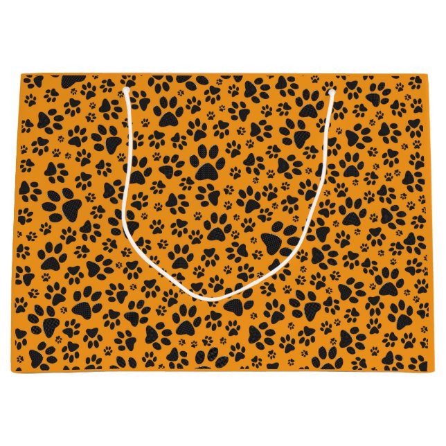 Dog Paws Black & White Polka Dot auf Dahlia Orange Große Geschenktüte (Vorderseite)