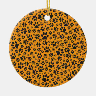 Dog Paws Black & White Polka Dot auf Dahlia Orange Keramik Ornament