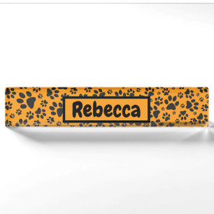 Dog Paws Black & White Polka Dot auf Dahlia Orange Namensplakette