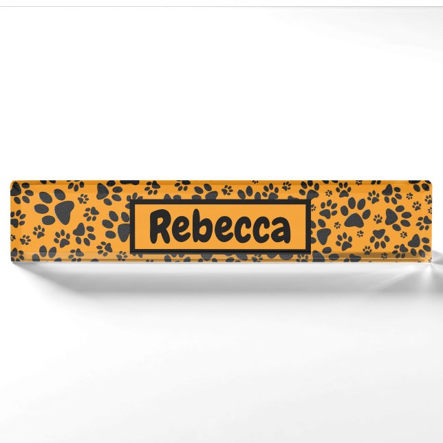 Dog Paws Black & White Polka Dot auf Dahlia Orange Namensplakette (Vorderseite)