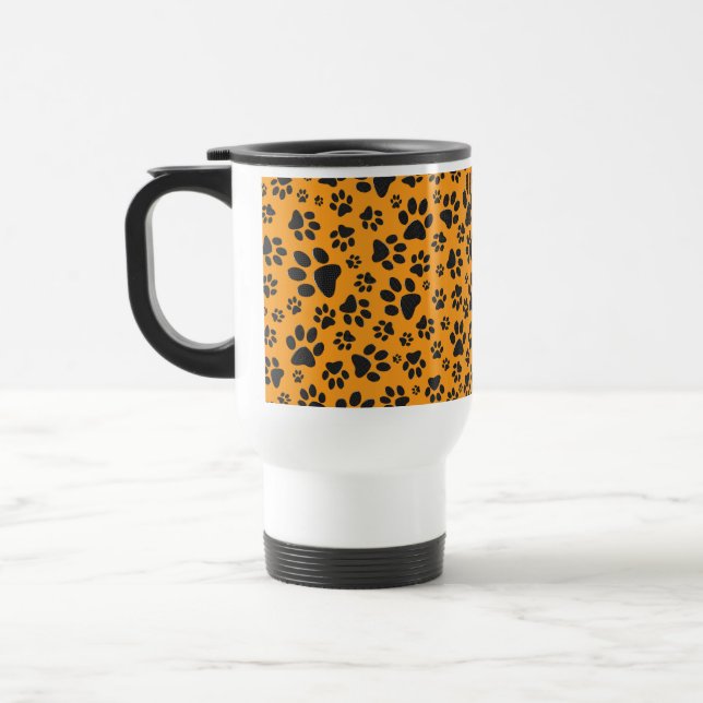 Dog Paws Black & White Polka Dot auf Dahlia Orange Reisebecher (Links)