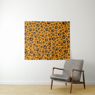 Dog Paws Black & White Polka Dot auf Dahlia Orange Wandteppich
