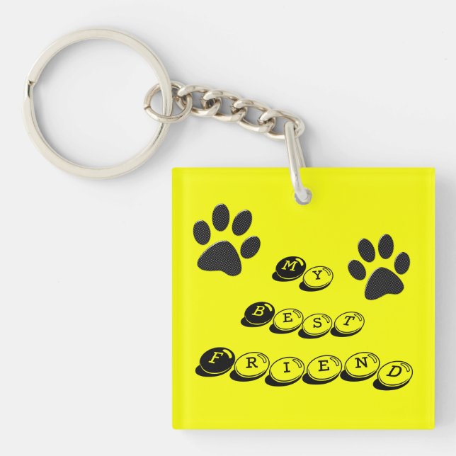 Dog Paws Black & White Polka Dot auf gelber Keycha Schlüsselanhänger (Vorderseite)