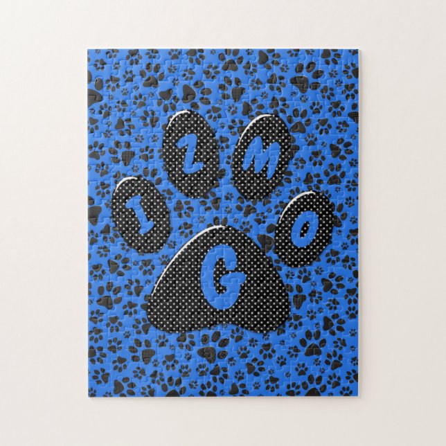 Dog Paws Black & White Polka Dot auf Tech Blue (Vertikal)