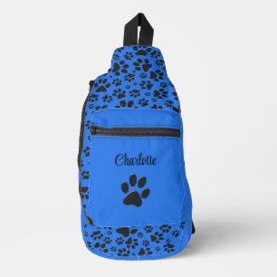 Dog Paws Black & White Polka Dot auf Tech Blue Crossbody Bag