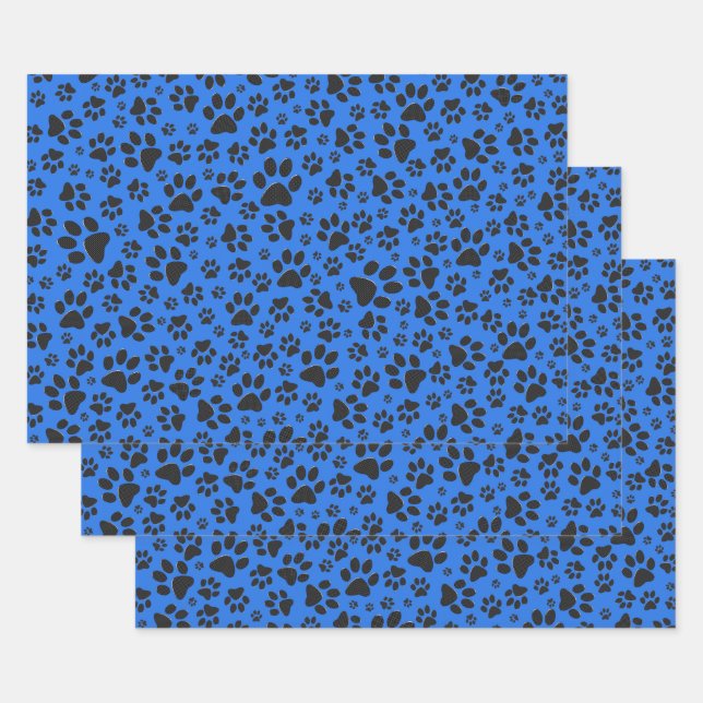 Dog Paws Black & White Polka Dot auf Tech Blue Geschenkpapier Set (Set)