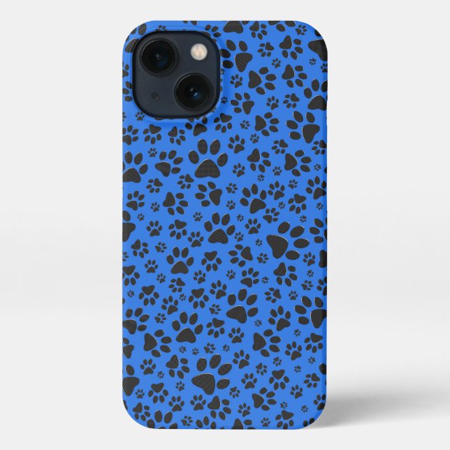 Dog Paws Black & White Polka Dot auf Tech Blue iPhone Hülle (Rückseite)