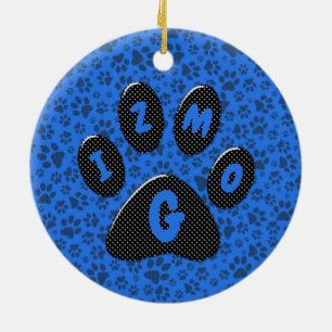 Dog Paws Black & White Polka Dot auf Tech Blue Keramik Ornament