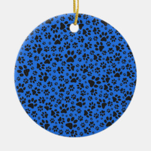 Dog Paws Black & White Polka Dot auf Tech Blue Keramik Ornament