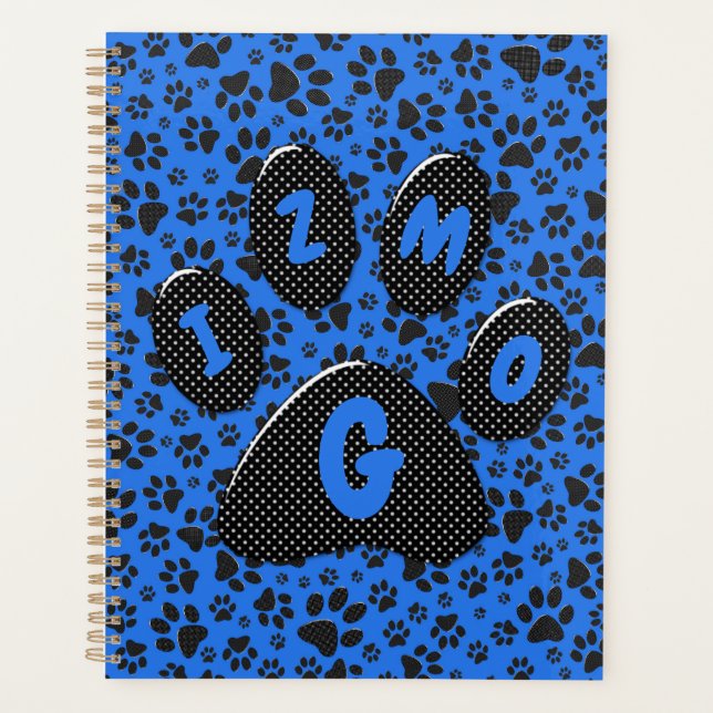 Dog Paws Black & White Polka Dot auf Tech Blue Planer (Vorderseite)