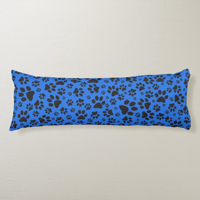 Dog Paws Black & White Polka Dot auf Tech Blue Seitenschläferkissen (Vorderseite)