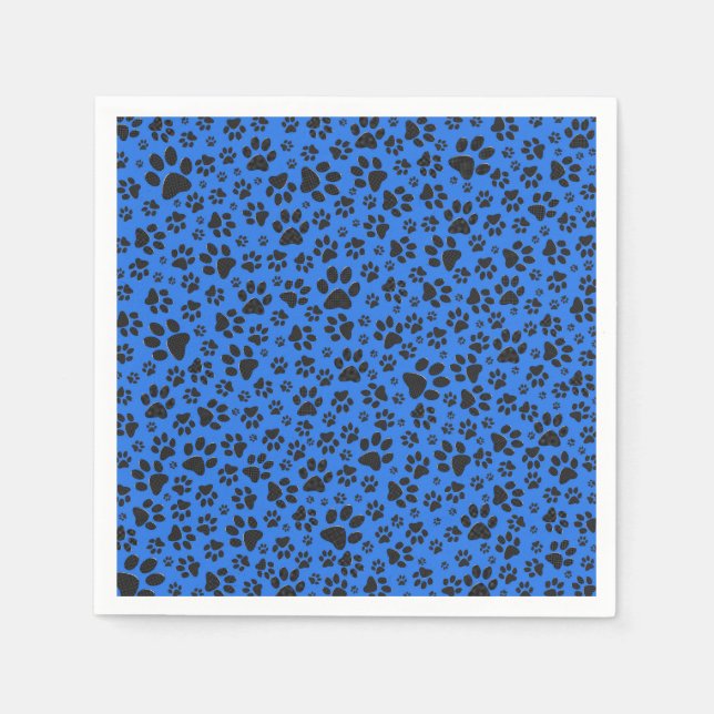 Dog Paws Black & White Polka Dot auf Tech Blue Serviette (Vorderseite)
