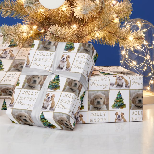 Dog Pet 2 Photos Christmas Tree Watercolor Geschenkpapier (Feiertage)