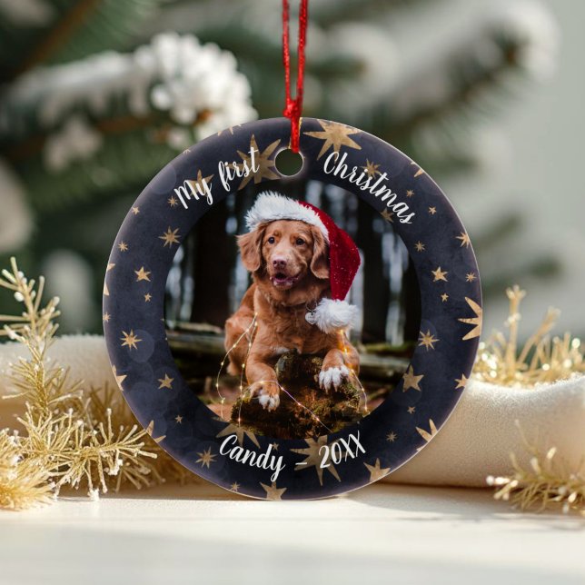 Dog Pet Erstes Weihnachtsfest Foto Rustikale Messi Keramik Ornament (Von Creator hochgeladen)