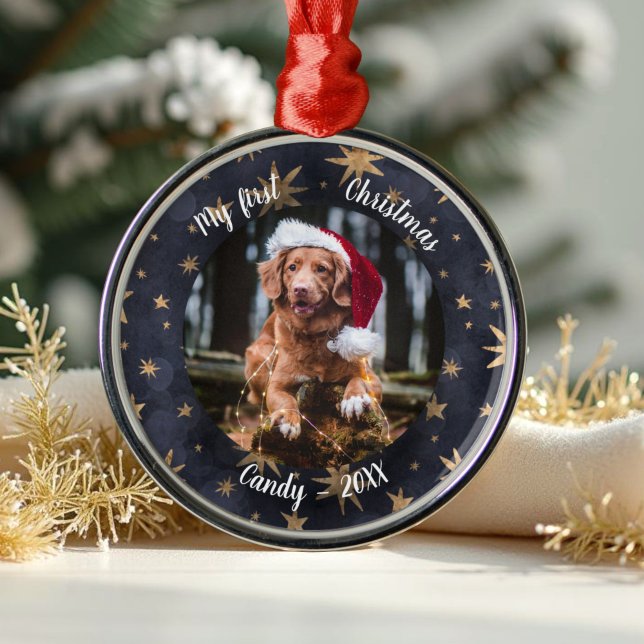 Dog Pet Erstes Weihnachtsfest Foto Rustikale Messi Ornament Aus Metall (Von Creator hochgeladen)