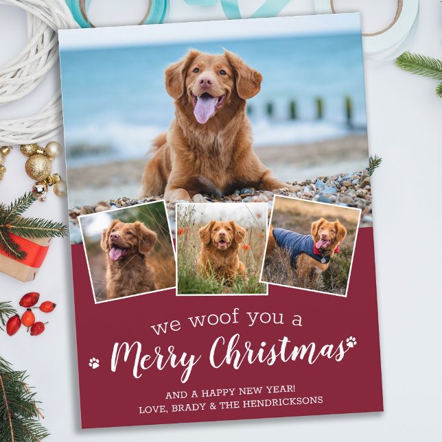 Dog Pet Foto Collage Wir woof Sie frohe Weihnachte Postkarte (Von Creator hochgeladen)