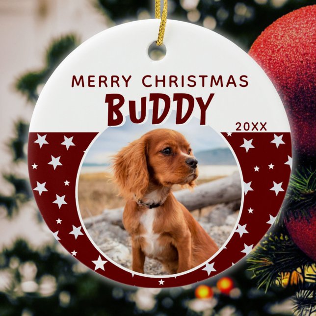 Dog Pet Foto Frohe Weihnachten Red Star Muster Keramik Ornament (Von Creator hochgeladen)