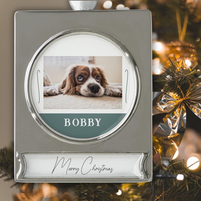 Dog Pet Foto Minimalistisch Frohe Weihnachten Banner-Ornament Silber (Von Creator hochgeladen)