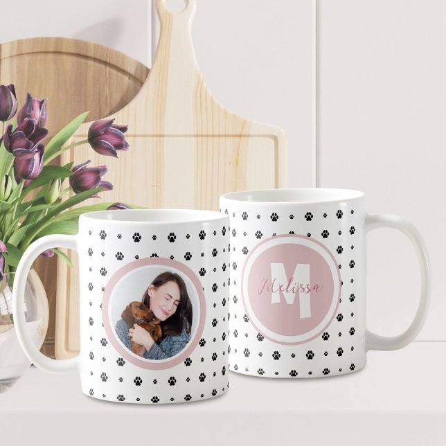 Dog Pet Monogram Foto Paw Print Blush Pink Kaffeetasse (Von Creator hochgeladen)