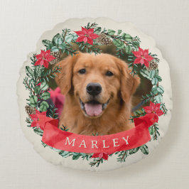 Dog Photo and Name Poinsettia Wreath Holiday Plaid Rundes Kissen