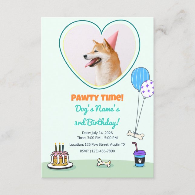 Dog Photo Pet Pawty Birthday Party Design Theme Einladung (Vorderseite)