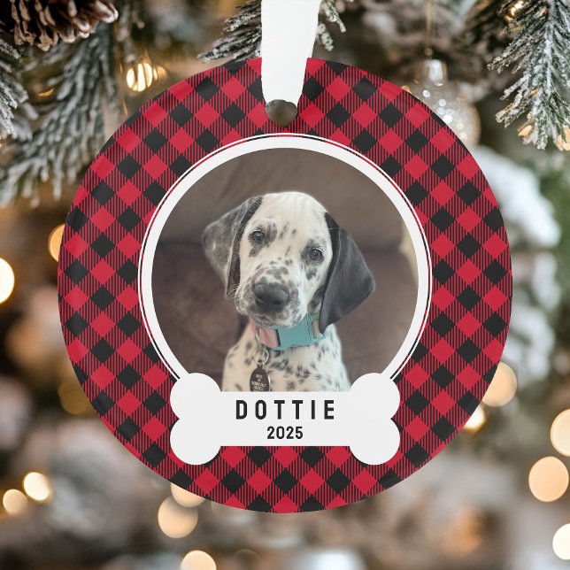 Dog Photo Red and Black Buffalo Plaid Christmas Ornament (Dog Photo Red and Black Buffalo Plaid Christmas Ornament)
