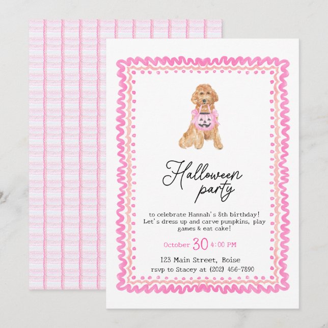 Dog Pink Preppy Pumpkin Halloween-Party Einladung (Vorne/Hinten)