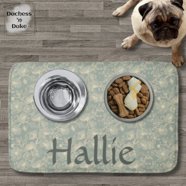 Dog Placemat - Sage Green Botanical, Personalized  Badematte (Personalized Sage Green Botanical Pet Placemat Bath Mat on wood floor with pet bowls)