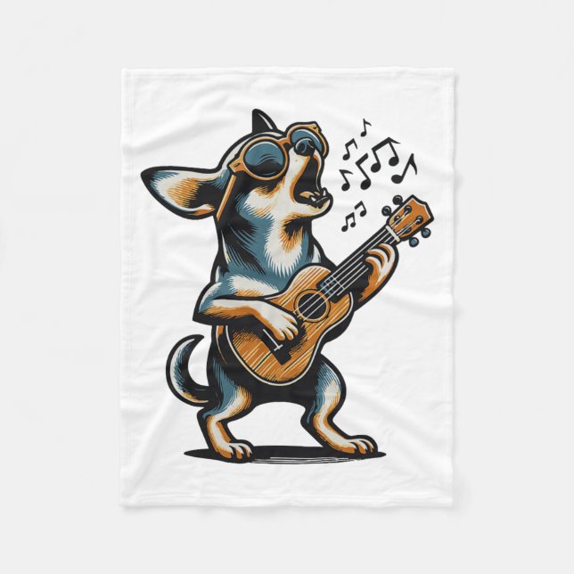 Dog Playing Guitar Singing Chihuahua Funny Dog Mar Fleecedecke (Vorderseite)