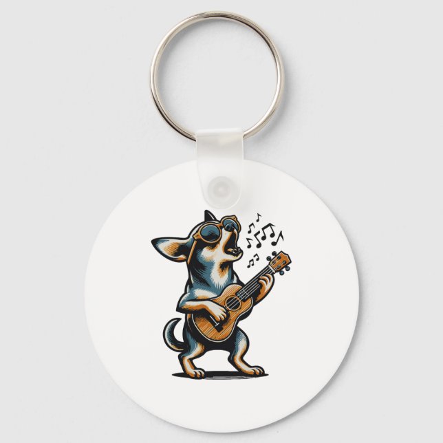 Dog Playing Guitar Singing Chihuahua Funny Dog Mar Schlüsselanhänger (Vorderseite)