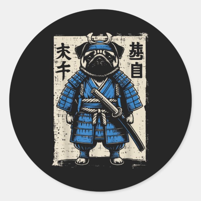 Dog Pug Samurai Funny Japanese Warrior Art Men Wom Runder Aufkleber (Vorderseite)