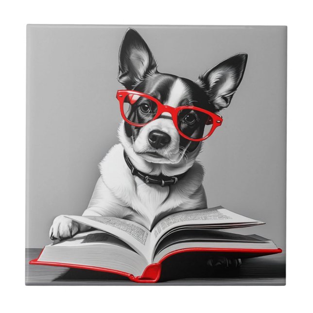 Dog Reading Book Fliese (Vorderseite)
