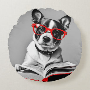 Dog Reading Book Rundes Kissen