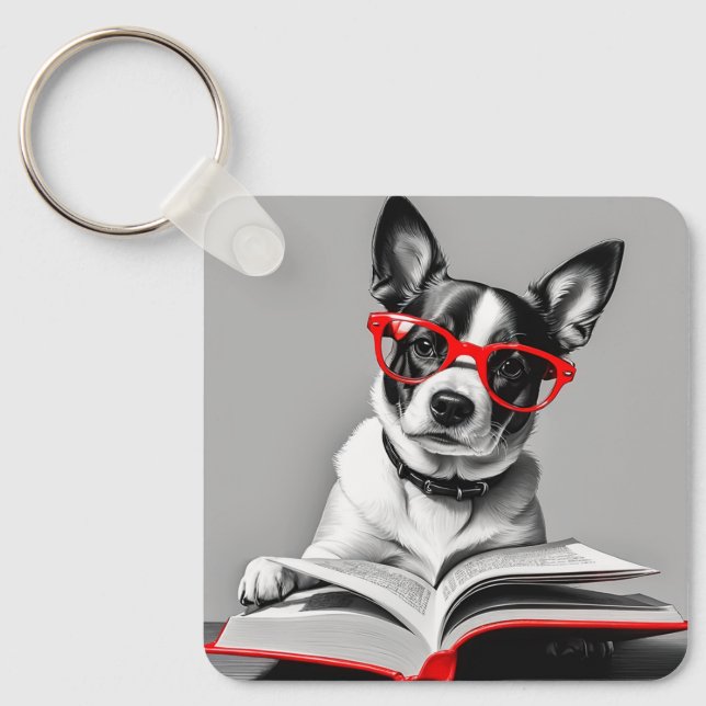 Dog Reading Book Schlüsselanhänger (Vorderseite)